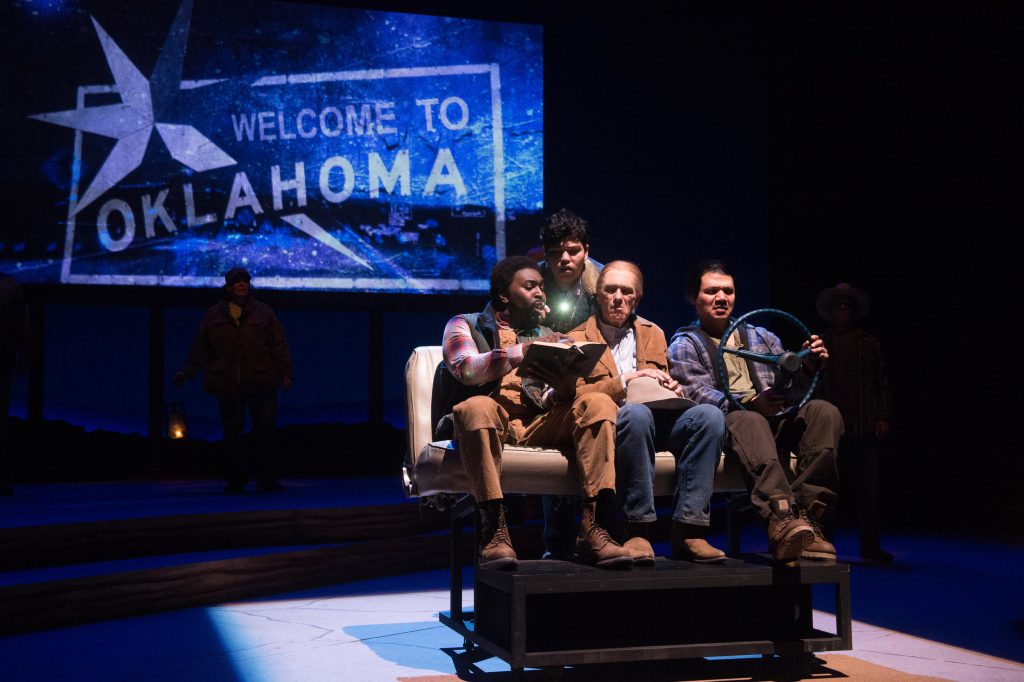 Tony Sancho (Martín Jodes), Amy Lizardo (Mo), Mark Murphey (William Joad), Cedric Lamar (James). Photo by Jenny Graham, Oregon Shakespeare Festival.