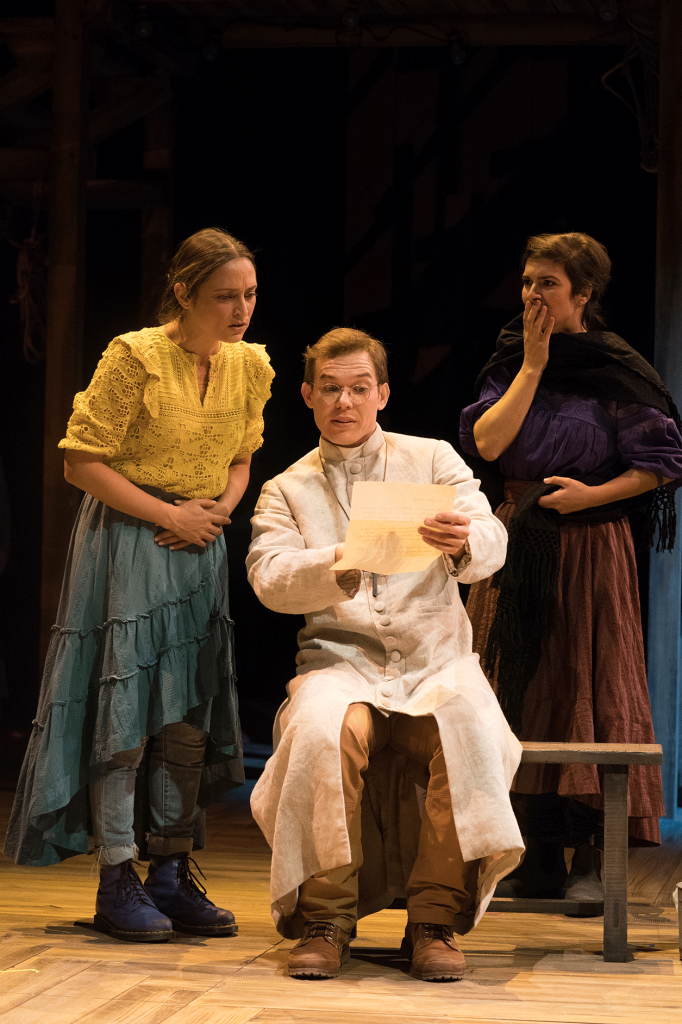 The Copper Children (2020): Caro Zeller (Margarita Chacón), Eddie Lopez (Father Mandin), Gabriela Fernandez-Coffey (Gloria). Photo by Jenny Graham, Oregon Shakespeare Festival.