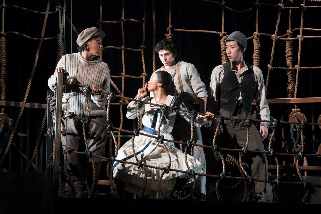 Peter and the Starcatcher (2020): Cyndii Johnson (Ted), Grace Chan Ng (Molly), Preston Mead (Boy), Dan Lin (Prentiss). Photo by Jenny Graham, Oregon Shakespeare Festival.