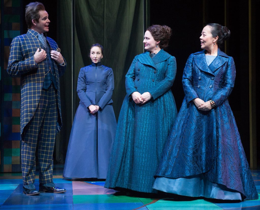 As You Like It (2019): Rex Young (Touchstone), Hannah Fawcett (Lady to Rosalind), Kate Hurster (Celia), Jessica Ko (Rosalind). Photo by Jenny Graham, Oregon Shakespeare Festival.